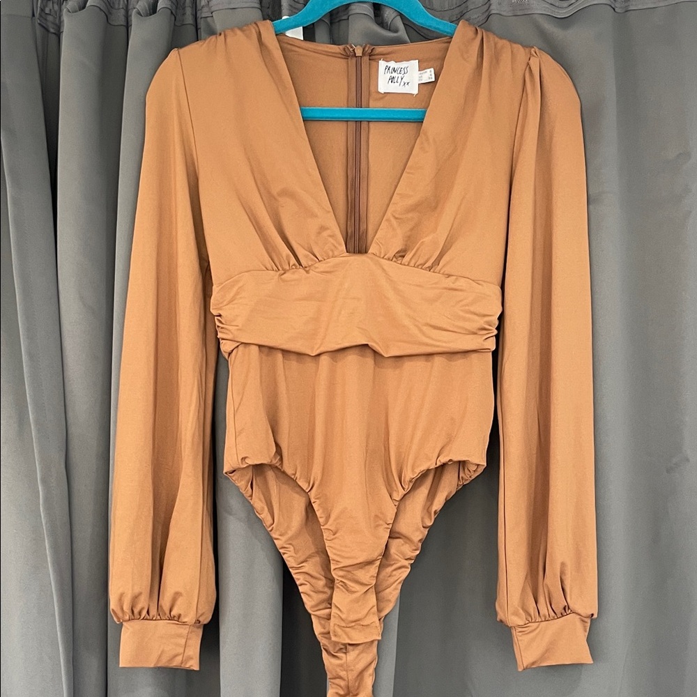 Princess Polly Camel/Tan Long Sleeve V-Neck One-Piece Bodysuit 4